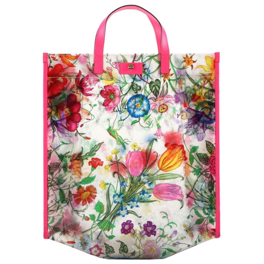 Gucci Tote Bag In Translucent Flora Print with Pink Trim